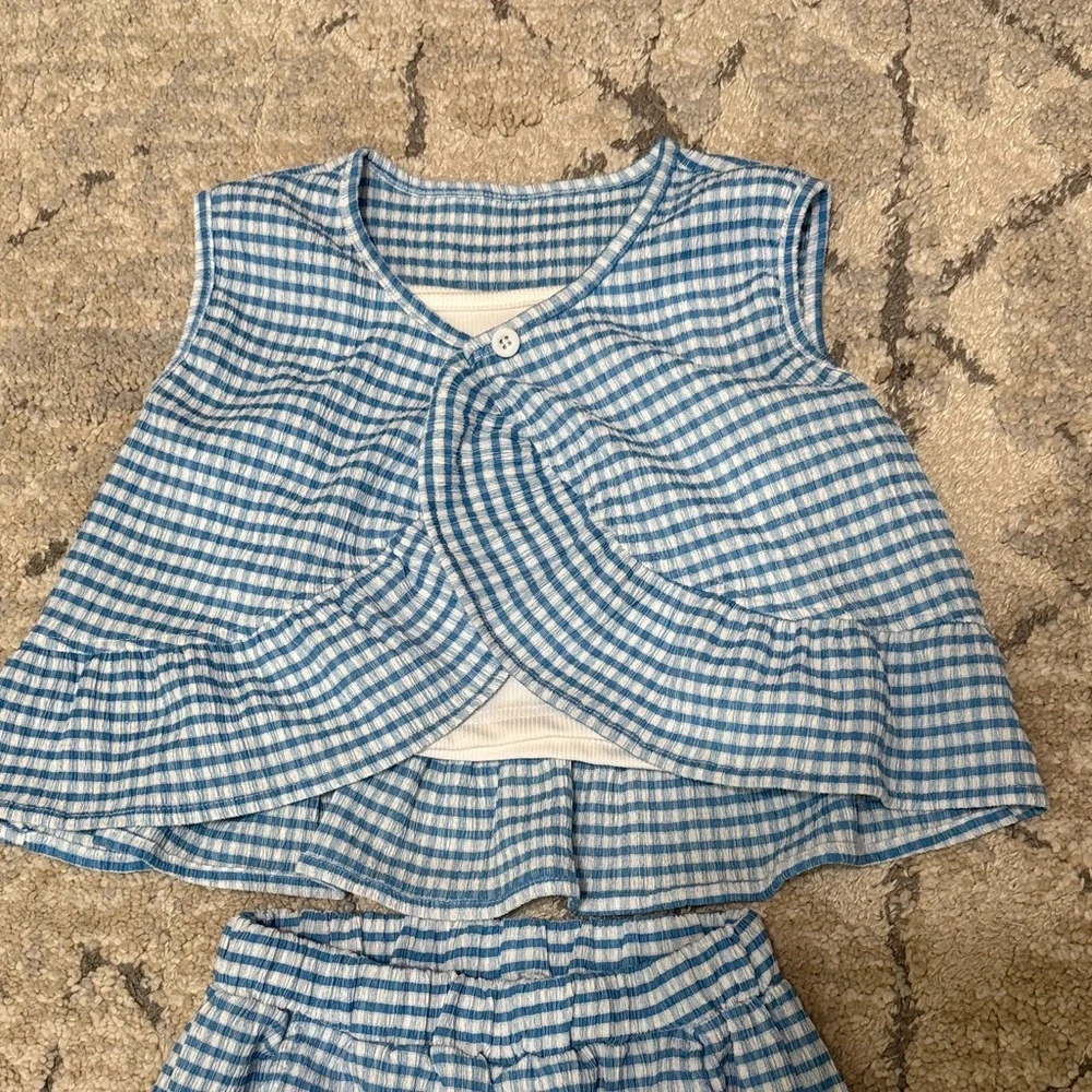 Blue Gingham Sleeveless Top and Pants Set